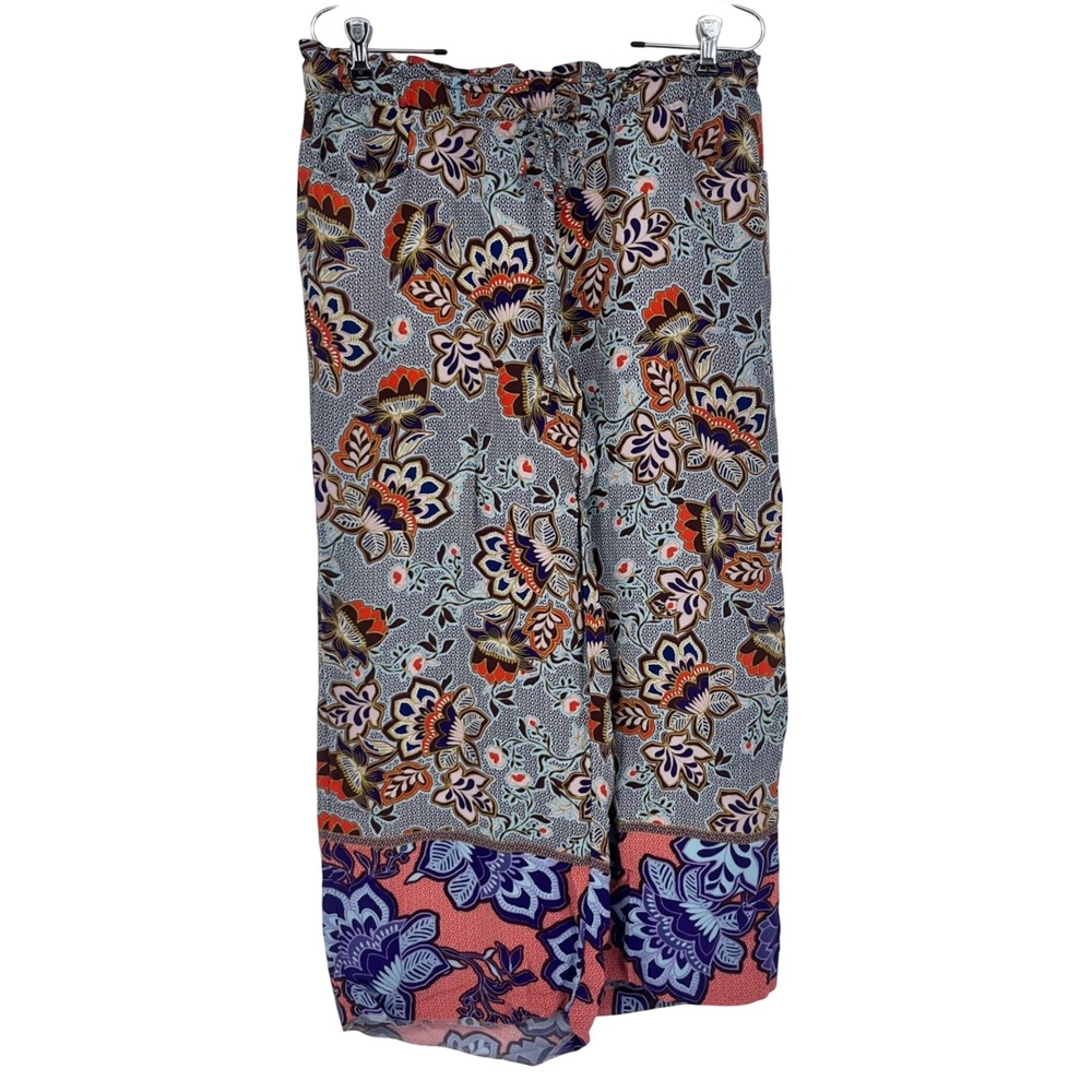 LOFT Paisley Floral Wide Leg Crop Pants Blue Orange Medium Boho Elastic Waist